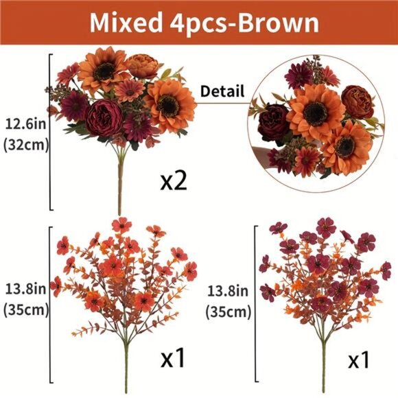 4pcs Realistic Autumn Floral Arrangement - Sunflower, Peony, Daisy Bouquet Decor - Picture 4 of 6